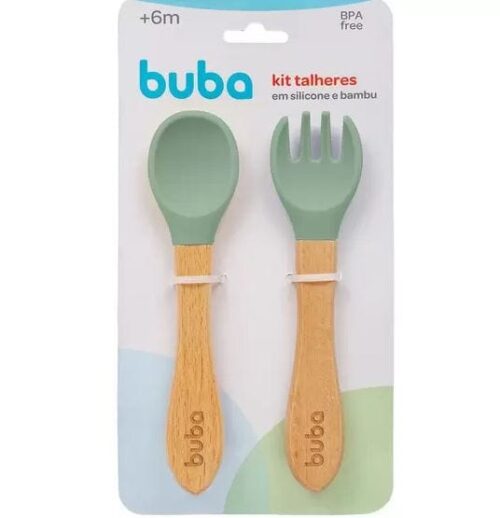 Kit Talheres Silicone e Bambu - Verde - 15827 - Buba