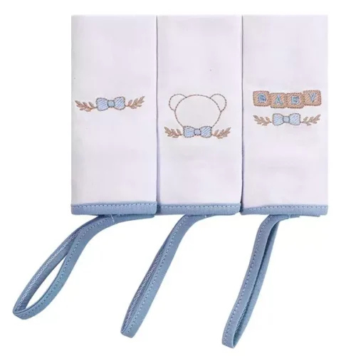 TOALHA DE BOCA C/PRENDEDOR DE CHUPETA BABY JOY CLASSICOS MALHA LISA C/BORDADO 30CMX35CM PCT C/03UN //URSO AZUL