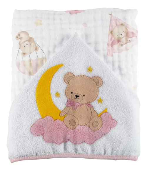 TOALHA C/CAPUZ BABY JOY SOFT MAIS ESTAMPADA C/BORDADO 75CMX90CM PCT C/01UN //URSINHA
